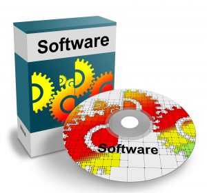 Box mit Aufschrift "Software", im Vordergrund eine ebenso gestaltete CD