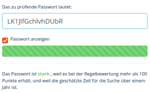 Passwort-Checker mit eingetragenem und sichtbarem Passwort. Ergebnis: "Passwort ist stark"