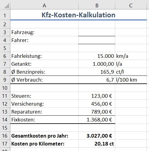 Leere KFZ-Kosten-Kalkulation in Excel